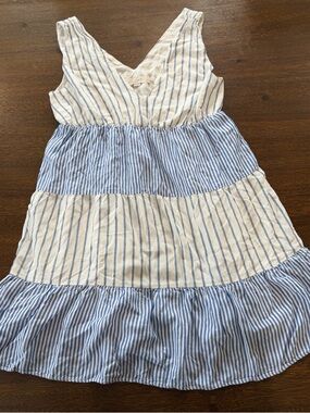 LOFT Blue and White Striped Tiered Midi Dress